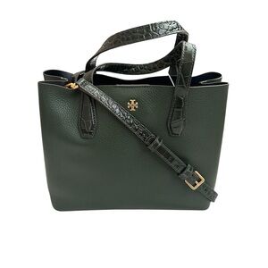 Tory Burch Pebbled Leather Jitney Green Blake Embossed Small Tote Crossbody Bag